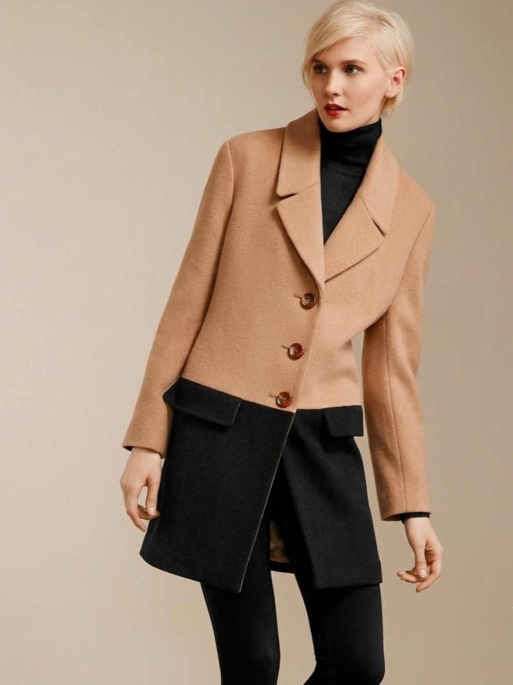 Talbots Two-Tone Wool Blend Colorblock Overcoat 10 Petite Black & Tan Buttons